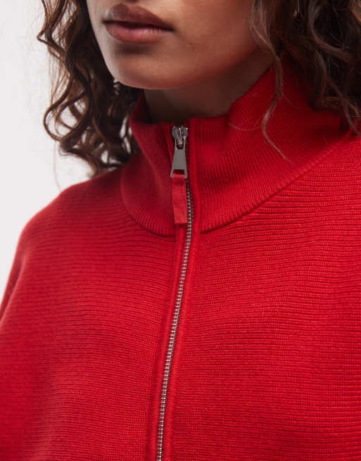 Reclaimed Vintage cardigan zippé à col cheminée en maille fine unisexe rouge, 2 de 4