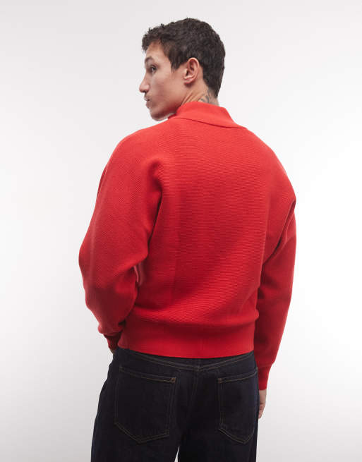 Reclaimed Vintage cardigan zippé à col cheminée en maille fine unisexe rouge, 4 de 4