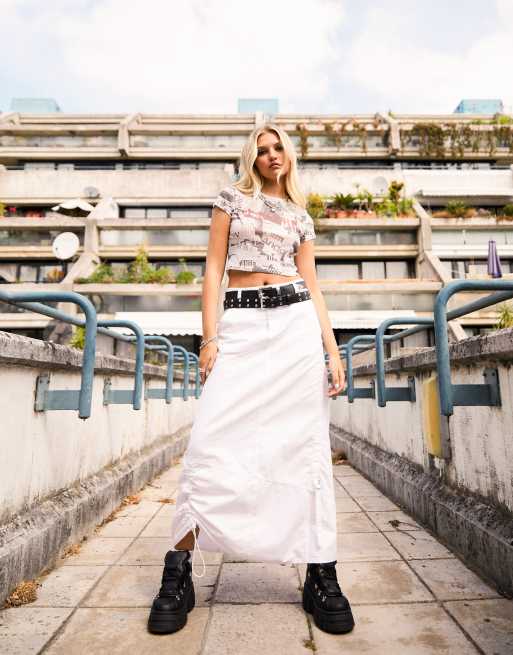 Reclaimed Vintage cargo skirt with ruching and frill in white