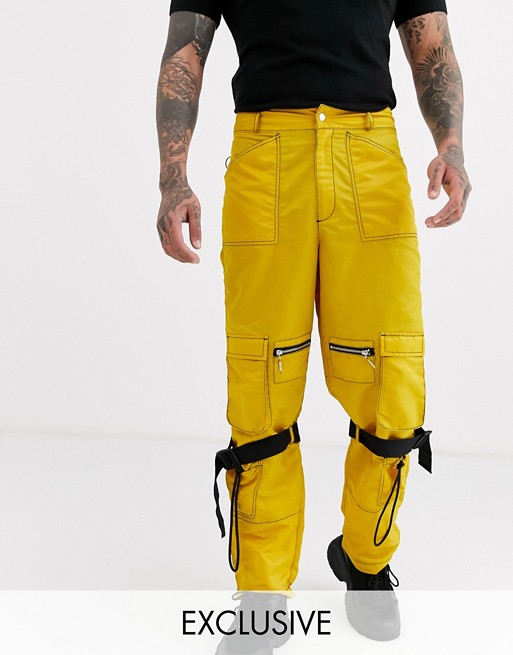 Reclaimed Vintage cargo trousers with strapping in yellow