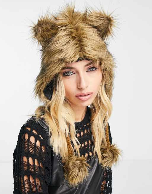 Reclaimed Vintage cat trapper hat in brown fur