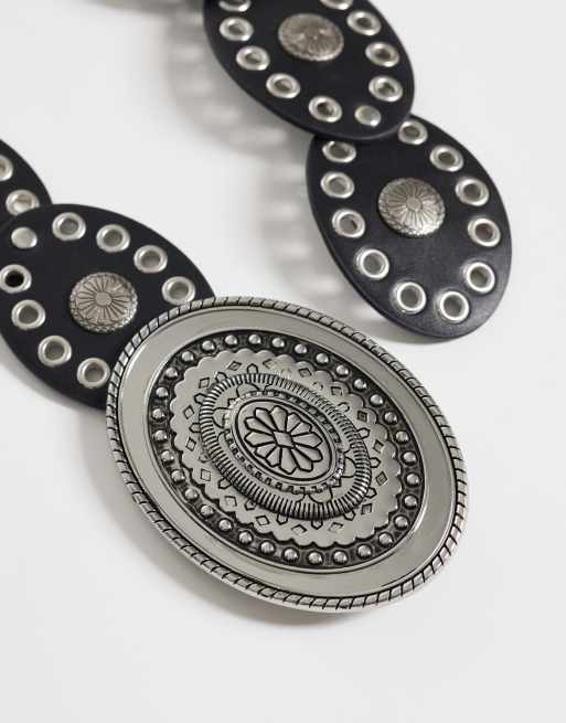 Reclaimed Vintage - Ceinture fine à disques - Noir et argenté, 3 de 3