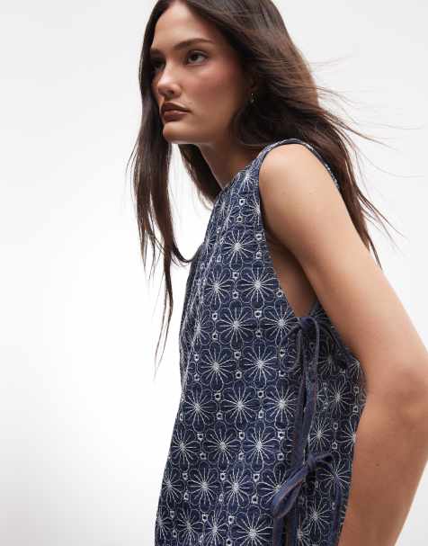 Reclaimed Vintage chambray denim cutwork tie detail tabard co-ord in indigo - view 1