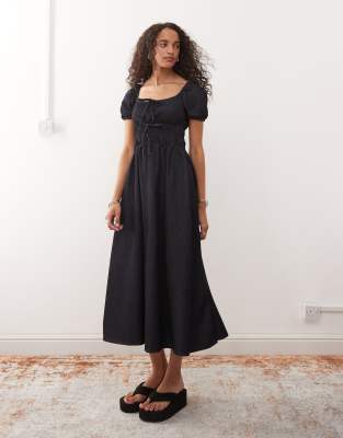 chambray denim midi dress with shirring details in indigo wash-Blue