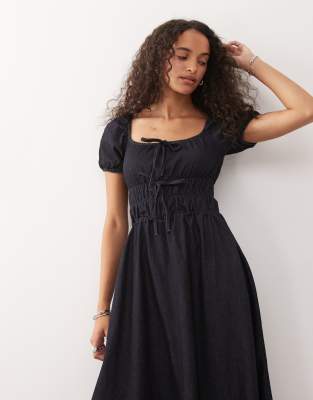 Reclaimed Vintage Chambray Denim Midi Dress With Shirring Details In Blue