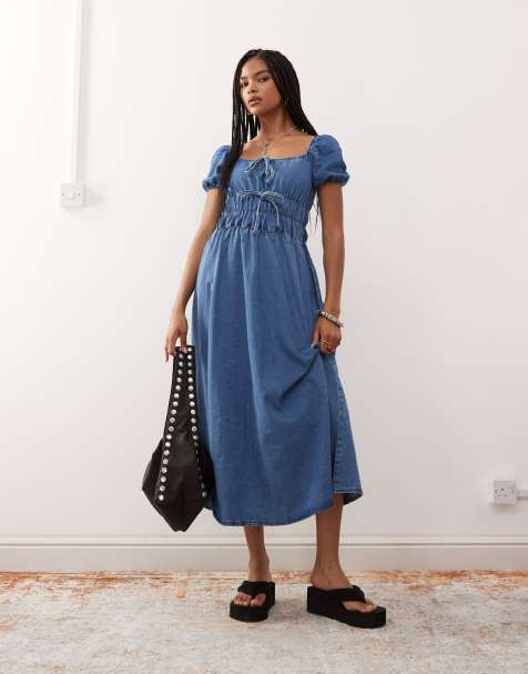Reclaimed Vintage chambray denim midi dress with shirring details in mid blue - view 1