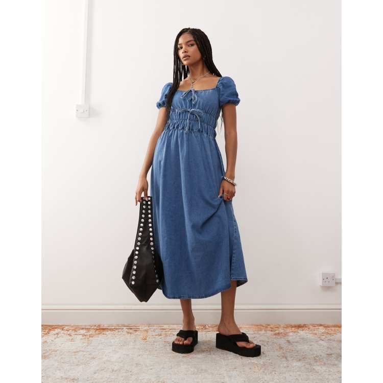 Ameri SHIRRINGCOLLAR DENIM DRESS (ベージュ) Denim Shirt Dress [Final Sale] – C'Moi