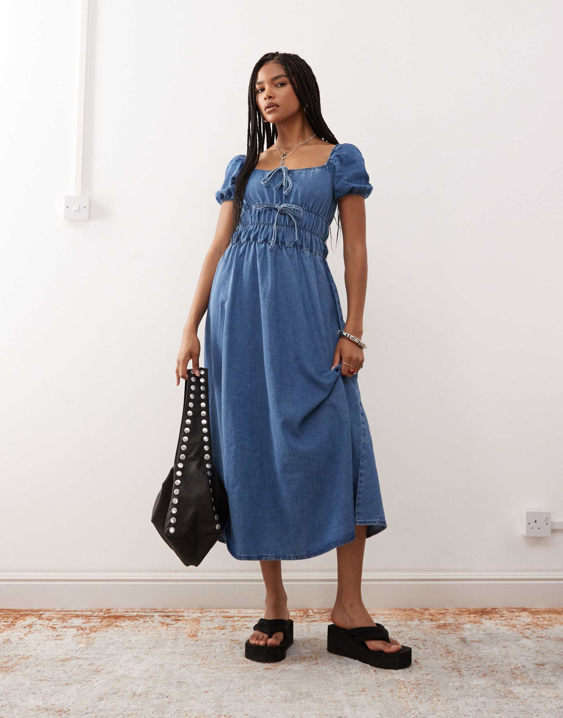 reclaimed vintage chambray denim midi dress with shirring details in mid blue