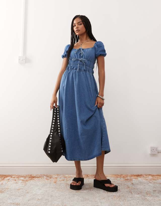 Reclaimed Vintage chambray denim midi dress with shirring details in mid blue