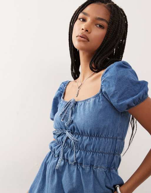 Reclaimed Vintage chambray denim midi dress with shirring details