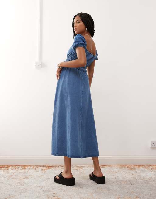 Reclaimed Vintage chambray denim midi dress with shirring details in mid  blue | ASOS