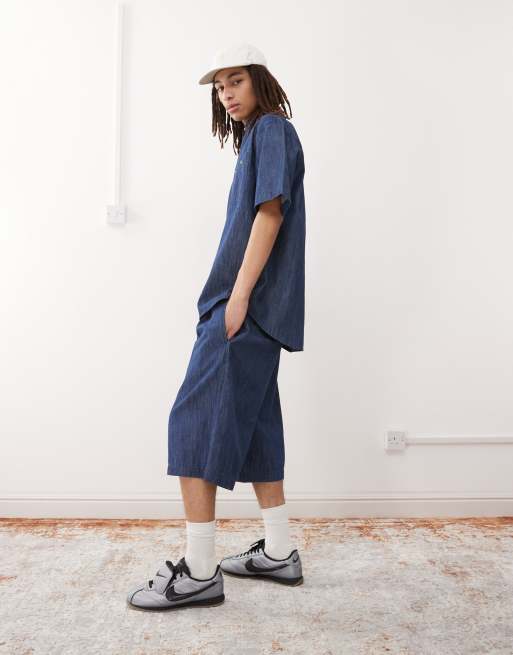 Reclaimed Vintage - Chambray denim short met wijde pijpen in middenblauw, deel van co-ord set