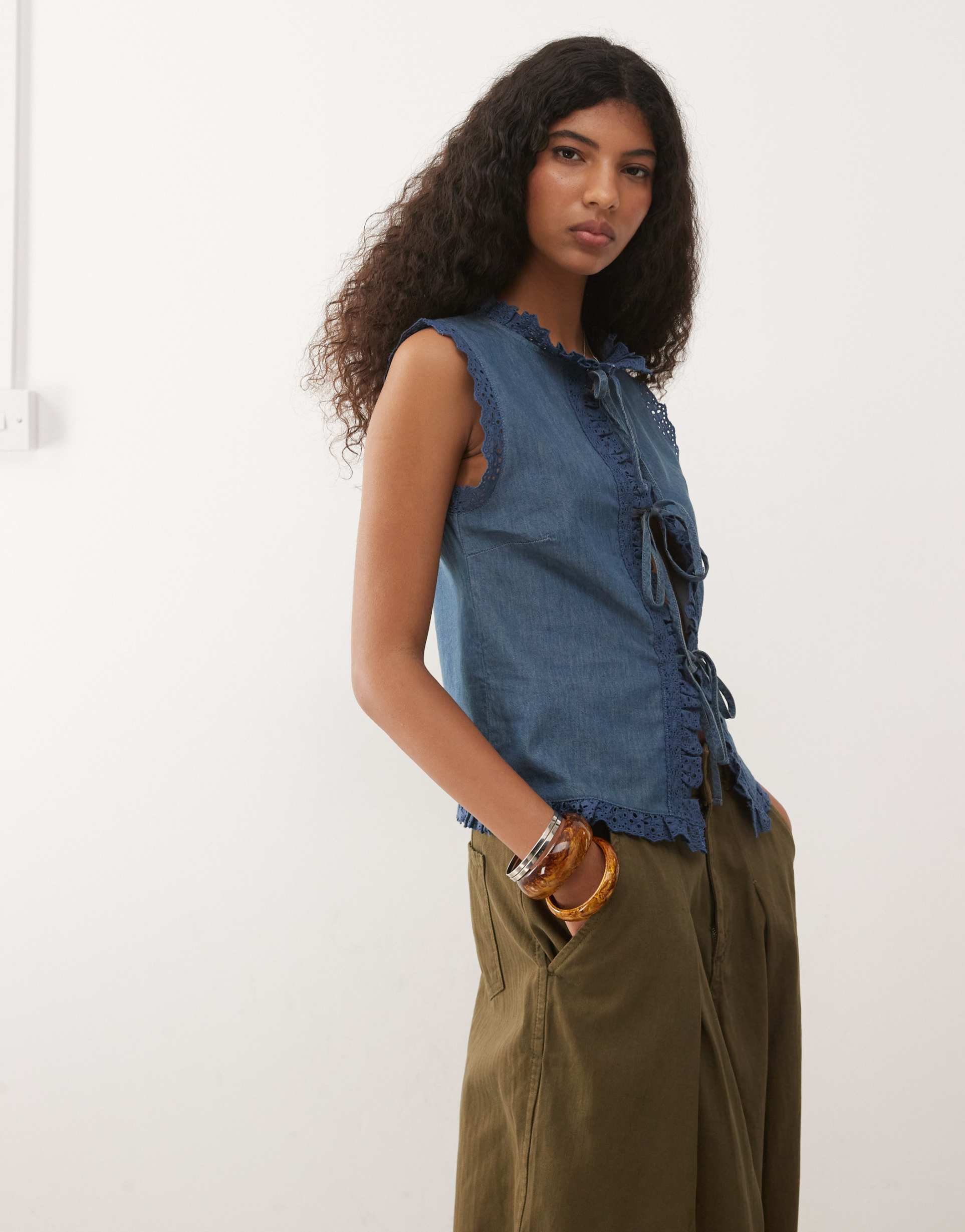 reclaimed vintage chambray denim tie front tank top with eyelet scallop details in blue