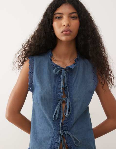 Reclaimed Vintage chambray denim tie front waistcoat with broderie scallop details in blue - view 1