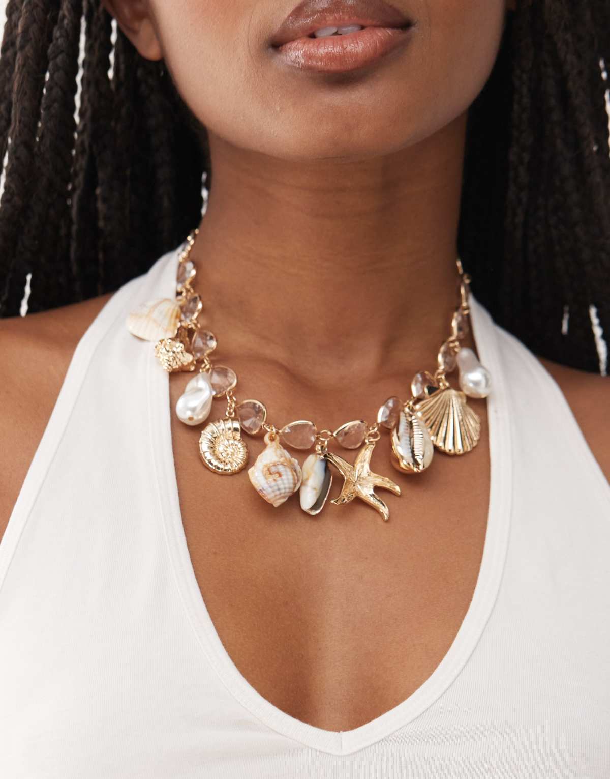 Reclaimed Vintage charm necklace with mixed faux shells in gold