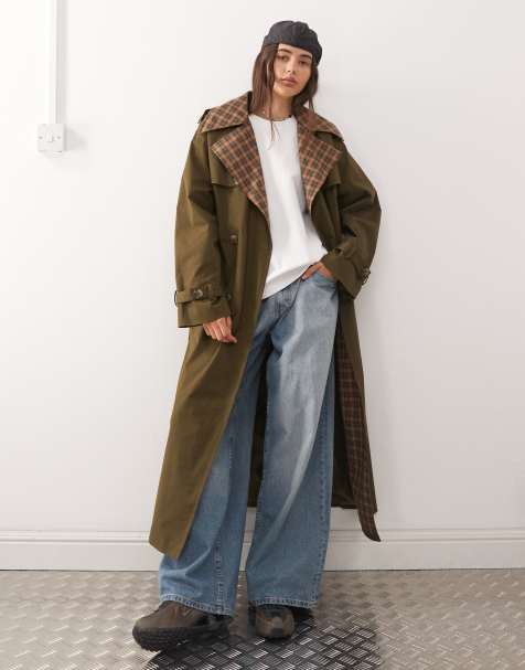 Reclaimed Vintage check lined trench coat with belt in khaki - view 1