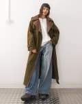 [Reclaimed Vintage] Reclaimed Vintage check lined trench coat with belt in khaki-Brown 6 Brown