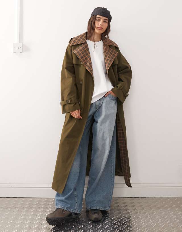 Reclaimed Vintage check lined trench coat with belt in khaki | ASOS
