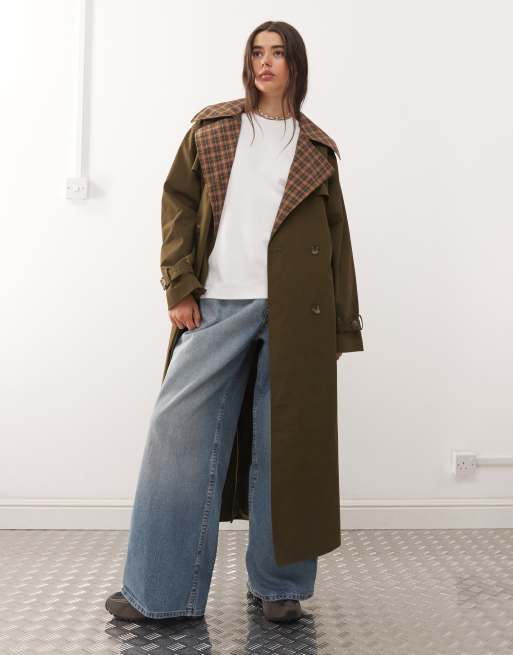 Reclaimed Vintage check lined trench coat with belt in khaki