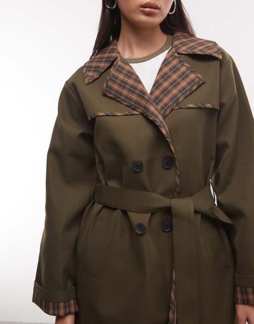 Reclaimed Vintage check lined trench coat with belt in khaki, 2 of 4