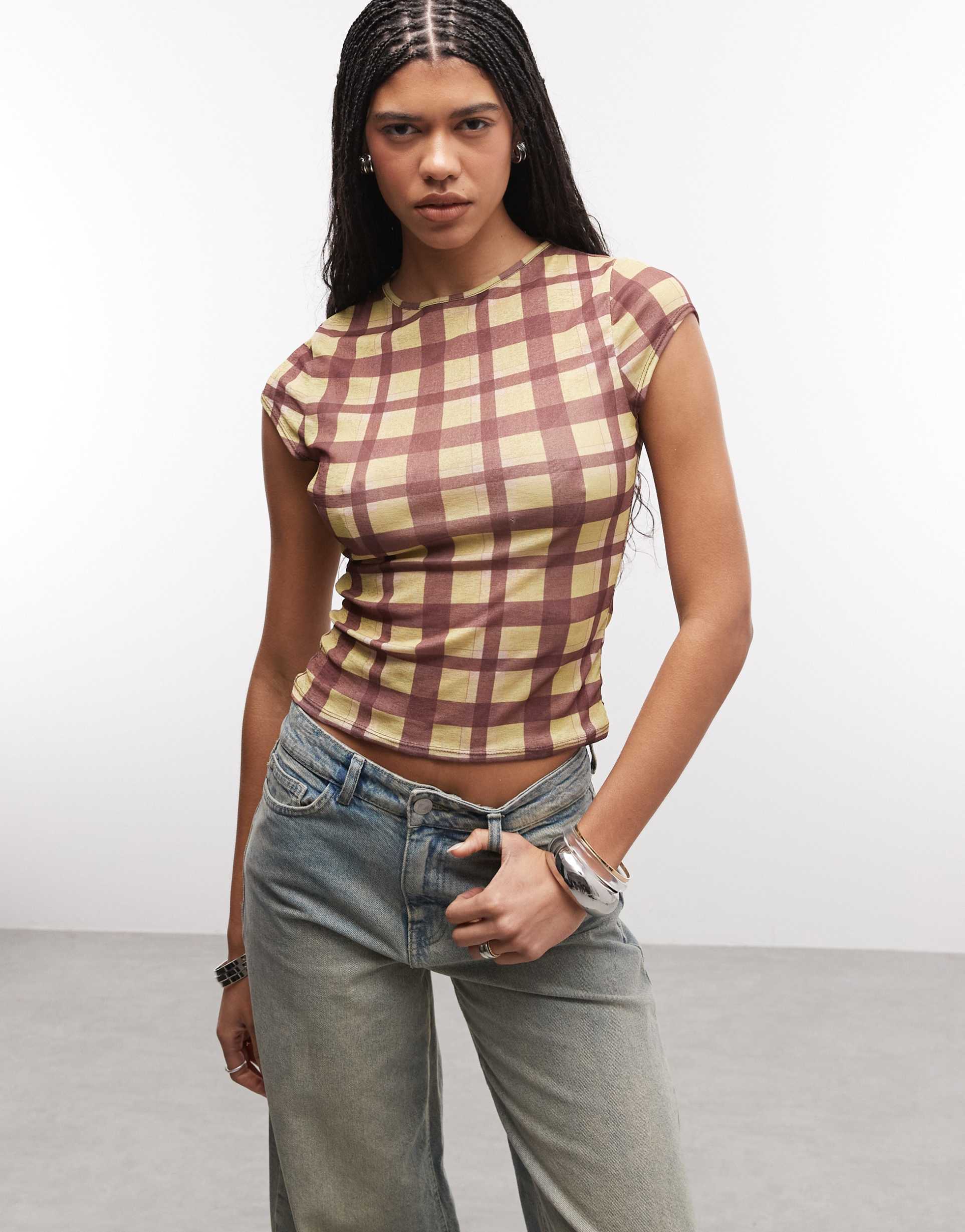 reclaimed vintage check mesh t-shirt in yellow and brown