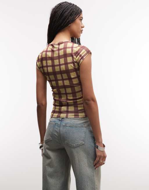 Reclaimed Vintage check mesh t-shirt in yellow and brown, 3 of 4