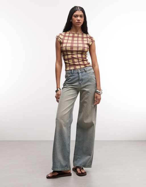 Reclaimed Vintage check mesh t-shirt in yellow and brown, 4 of 4