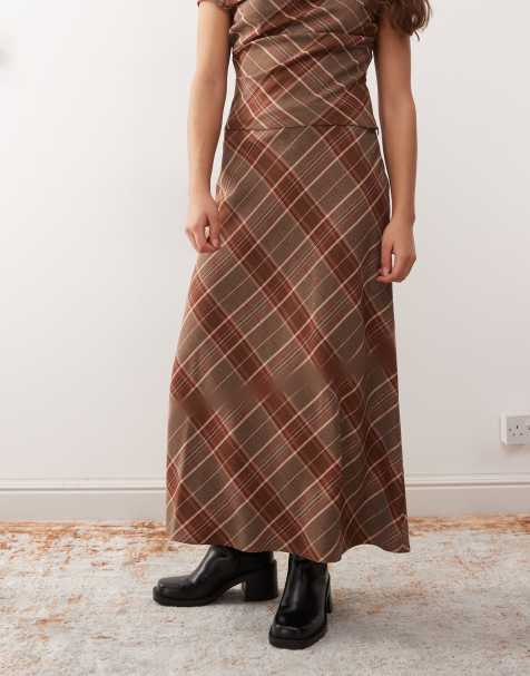 Reclaimed Vintage check print tailored midi skirt in brown (part of a set) - view 1