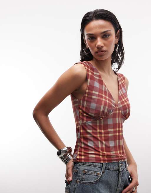 Reclaimed Vintage check print v neck tank top in red