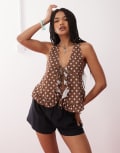 [Reclaimed Vintage] Reclaimed Vintage cheesecloth polka dot print ruffle tie front blouse in chocolate brown XS Brown