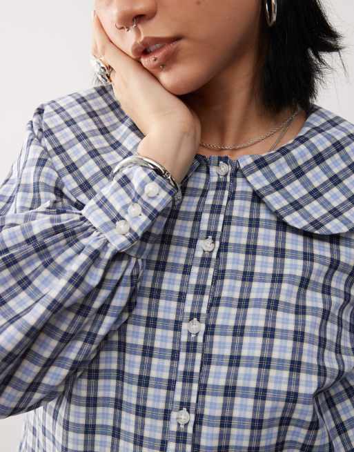 Faux Col Amovible à Carreaux Bleu - Style Chemise Rétro - Taille Unique Unisexe - Neuf