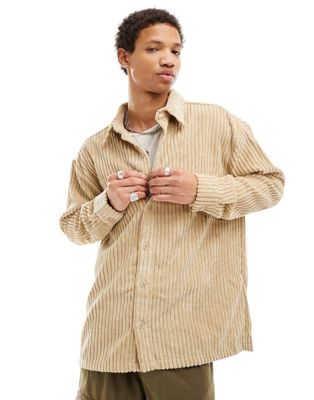 Reclaimed Vintage long sleeve cord shirt in stone - ASOS Price Checker
