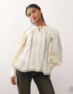 Chemise avec col et empiècements en dentelle - Crème-Blanc 34