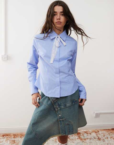 Reclaimed Vintage - Chemise cintrée avec fines rayures et ruban noué en dentelle - Bleu - view 1