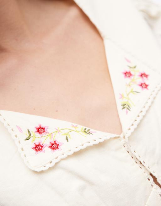 Reclaimed Vintage - Chemise courte avec col et broderies fleuries - Crème, 3 de 4