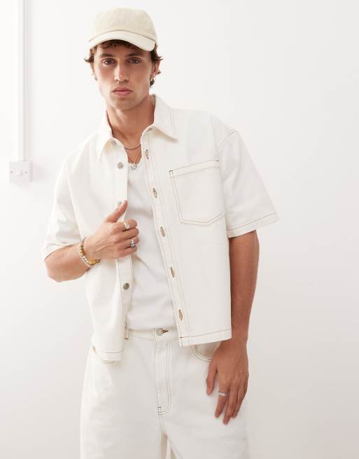 Reclaimed Vintage - Chemise d'ensemble en jean coupe carrée à coutures tabac - Écru