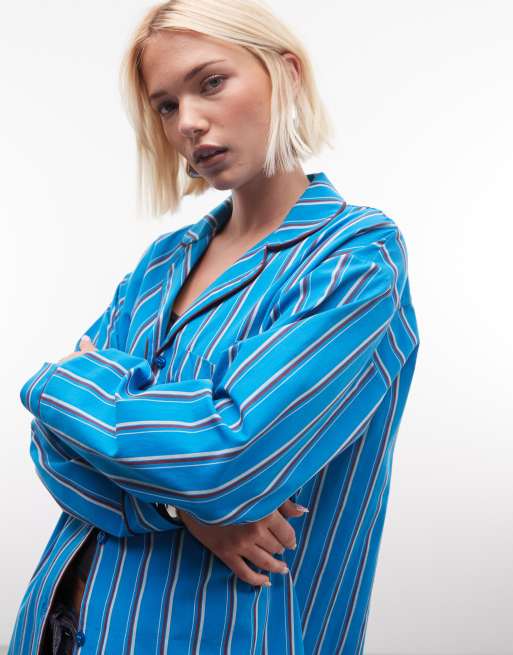 Reclaimed Vintage - Chemise d'ensemble style pyjama à rayures et col à revers - Bleu, 3 de 4