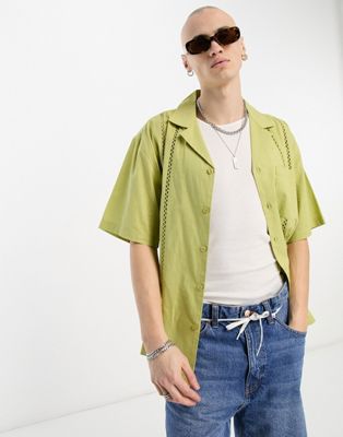 Reclaimed Vintage lace trim cotton shirt in light green - ASOS Price Checker