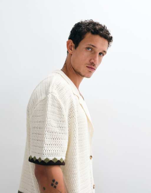 Reclaimed Vintage - Chemise en maille crochetée à bords olive - Écru, 5 de 5