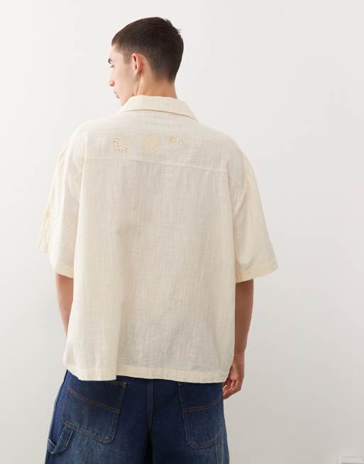Reclaimed Vintage - Chemise manches courtes à broderies fleurs - Crème, 4 de 4