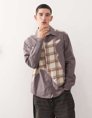 Reclaimed Vintage - Chemise manches longues avec motif cheval en plusieurs parties à carreaux - Marron-Multicolore