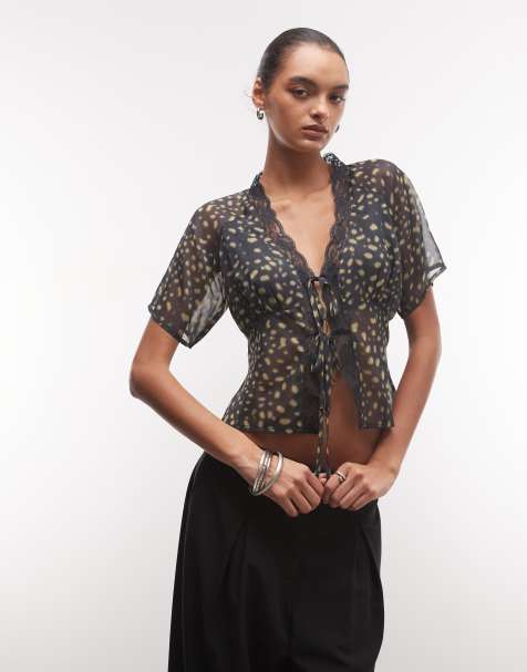 Reclaimed Vintage chiffon animal print tie front top in black - view 1