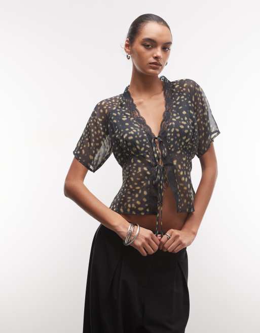 Reclaimed Vintage chiffon animal print tie front top in black, 1 of 4