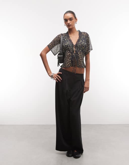 Reclaimed Vintage chiffon animal print tie front top in black, 3 of 4