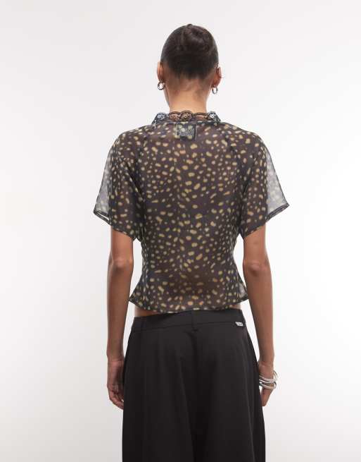 Reclaimed Vintage chiffon animal print tie front top in black, 4 of 4