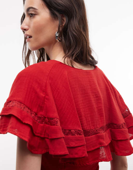Reclaimed Vintage Chiffon-Cape-Top in Rot, 3 von 4