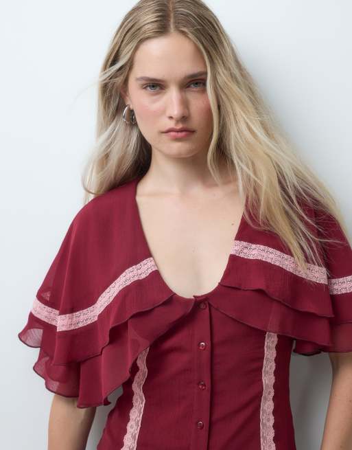 Reclaimed Vintage chiffon cape top with contrast lace, 1 of 4