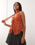 [Reclaimed Vintage] Reclaimed Vintage chiffon floral print ruffle tie front blouse with matching scarf in brown S Brown