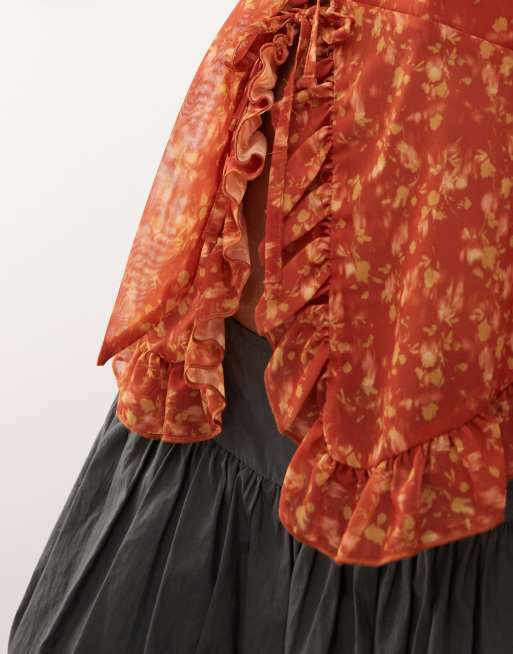 Reclaimed Vintage chiffon floral print ruffle tie front blouse with matching scarf in brown