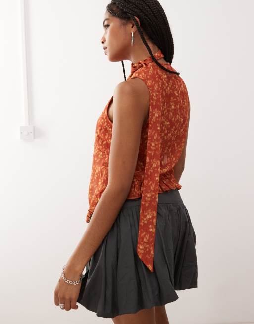 Reclaimed Vintage chiffon floral print ruffle tie front blouse with matching scarf in brown
